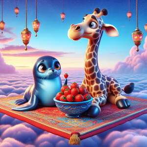 A little blue sea Seal and giraffe both eating a bowl of strawbe...