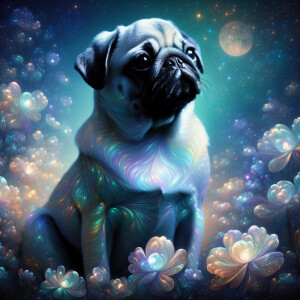 Envision a quintessentially charming pug, its fur gleaming with...