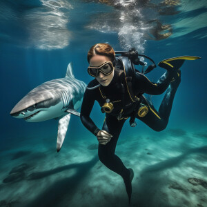 underwater image of a woman freediving alongside a great white s...