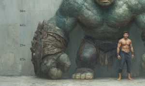 A large, muscled figure, seemingly a stylized human or superhuma...