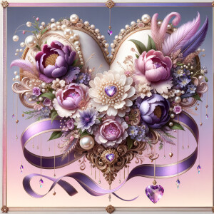 Picture an opulent heart-shaped frame adorned with pearls and go...