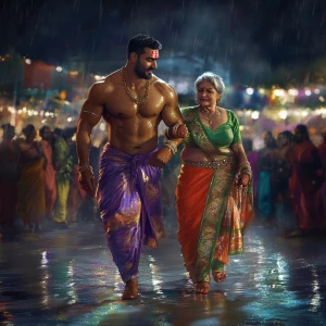 A gujarati muscular man sweat on body walking with his 54 year o...