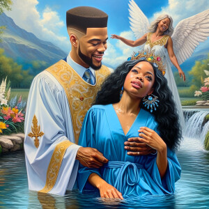 An oil painting depicting a light-skinned African-American pasto...