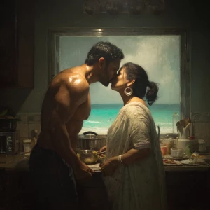 Hyperrealism .a muscular sweaty indian man standing and kissin...