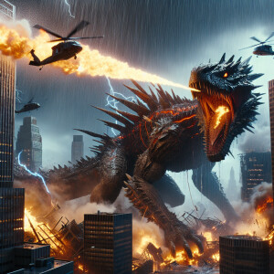 Scary Godzilla destroying buildings, mouth spitting big fire str...