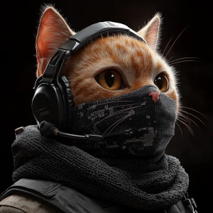 A wide-eyed ginger cat wearing a black tactical balaclava (or ma...