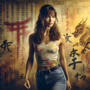 Athletic Thin skinny Attractive, Asian teenage girl, long brown hair and bangs, wearing tight skinny jeans and a halter top paint marks on her clothing, heroic pose Asian graffiti background, backside view