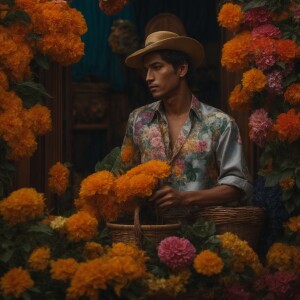 create a realistic version of male holding a bucket of flower in...