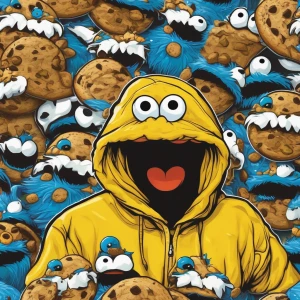 A mischievous cookie monster with a yellow hooded sweatshirt. Ma...