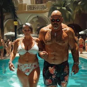 Digital art Full HD 1:1,a muscular criminal walking with his 54...