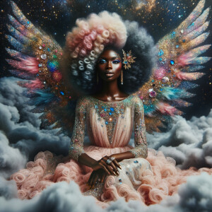 "Create an image of a light skinned African-American woman Angel...