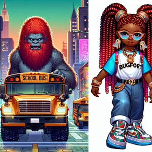 Illustrate a chic, Chibi-style school bus driver, a melanin woma...