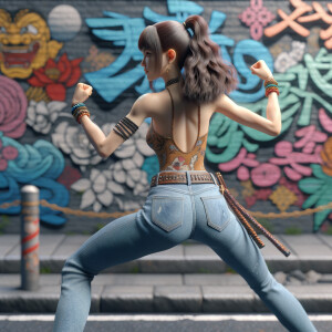 Athletic Thin skinny Attractive, Asian teenage girl, long brown hair and bangs, wearing tight skinny jeans and a halter top paint marks on her clothing, heroic pose Asian graffiti background, backside view