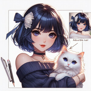 Realistic anime woman with dark blue hair and dark brown eyes. S...
