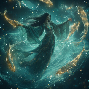 A hyper-realistic, cinematic portrayal of Pisces as a Celestial...