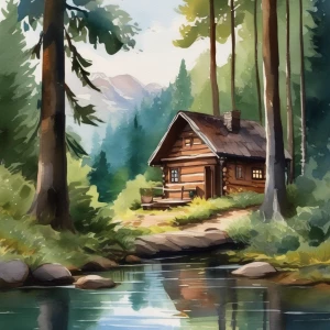 A small, hand-painted postcard scene of a cozy cabin in a forest.