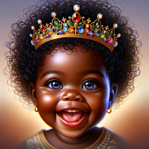 "Create a digital portrait of an adorable african-American baby girl with a joyful expression. She is wearing a gold crown with colorful jewels. Her big, bright blue eyes are wide with wonder, and her tiny mouth is shaped in a happy grin. Her skin has a warm, honey-brown tone, and she has an abundance of thick curly black hair, The background is soft and neutral to keep the focus on her delightful features. The portrait should be vibrant and heartwarming, celebrating the innocence and charm of childhood."