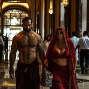 A sweaty beefy man walking with his 54 year old kashmiri mother...
