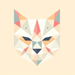 A simple geometric illustration of a cat’s face, made up of clean triangular shapes in a soft pastel palette.