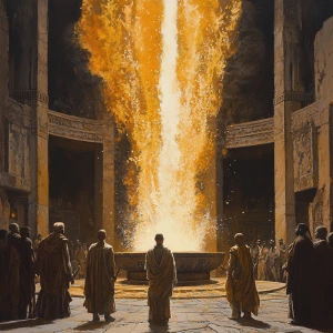 Depict an ancient regal courtyard with a towering, fierce furnace at its center. The furnace engulfs Shadrach, Meshach, and Abednego, who remain unscathed amidst the voracious flames, exuding tranquility. They are dressed in traditional ancient robes, seemingly impervious to the fire's wrath. With them, a fourth figure—an angelic presence—radiates a protective aura, his ethereal form aglow, symbolizing divine shelter.

Surrounding the furnace, astounded guards and nobles observe from afar, their faces etched in shock and wonder. The scene juxtaposes the tumultuous flames with the composed figures within, emphasizing the miracle of their survival and the power of faith and divine guardianship.