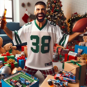 On Christmas morning, an ecstatic man with buzz-cut hair, dresse...