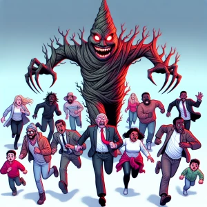 Anthropomorphic evil  Christmas tree, humans running scared
