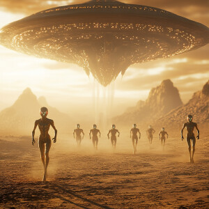 A group of extraterrestrial beings with sleek, metallic skin and...