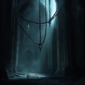ancient dark cathedral spellbound in chains as a prison