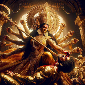 portrait of angry looking goddess durga pinning mahishasur to the ground. She is wearing gold armor, a huge gold crown, gold saree, abundant  gold jewelry, covered in blood. The scene is set in ancient India. The image is 8K resolution, photography, cinematic, ultra detailed face and epic