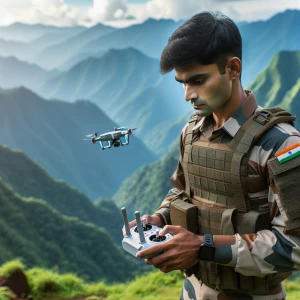 indian army soldier operating mini drone in mountains