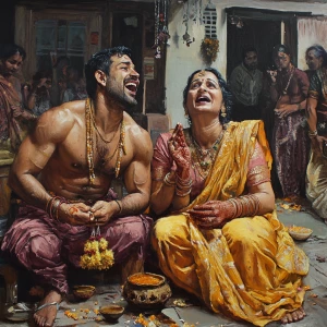 A realism-style painting depicting a muscular, sweat-glistened m...