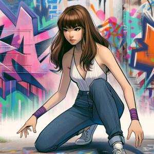 teenage girl, long brown hair and bangs, wearing tight skinny jeans and a halter top paint marks on her clothing, heroic pose Asian graffiti background, nearing on one knee