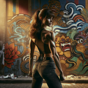 Athletic Thin skinny Attractive, Asian teenage girl, long brown hair and bangs, wearing tight skinny jeans and a halter top paint marks on her clothing, heroic pose Asian graffiti background,  backside view