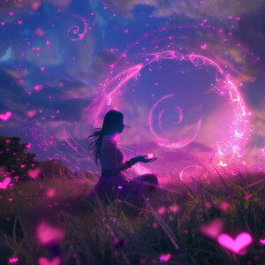 A woman is seated in the grass, emitting a pink light energy fro...