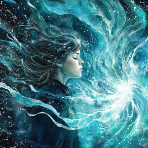 Illustrate a woman emanating powerful supernatural energy in wat...