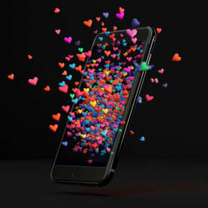 Design a smartphone emitting an array of colorful hearts in vari...