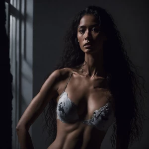 Prompt for the image: Brenda stands in the softly lit bedroom, h...