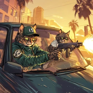 Two humanoid cats engaged in a dramatic shootout, depicted in an...