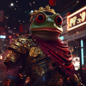 Pepe the Frog dressed as an ancient Roman emperor, wearing a gol...