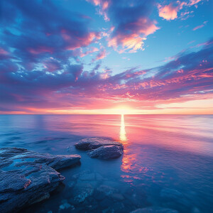 Create a serene landscape painting featuring a vivid sky during...