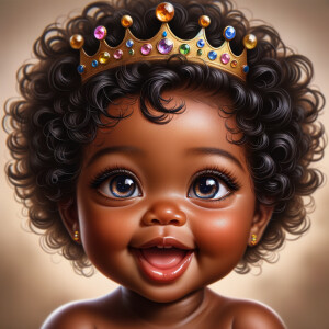 "Create a digital portrait of an adorable african-American baby girl with a joyful expression. She is wearing a gold crown with colorful jewels. Her big, bright blue eyes are wide with wonder, and her tiny mouth is shaped in a happy grin. Her skin has a warm, honey-brown tone, and she has an abundance of thick curly black hair, The background is soft and neutral to keep the focus on her delightful features. The portrait should be vibrant and heartwarming, celebrating the innocence and charm of childhood."