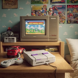 A cozy nostalgic 1990s kid's bedroom setup with light blue walls...