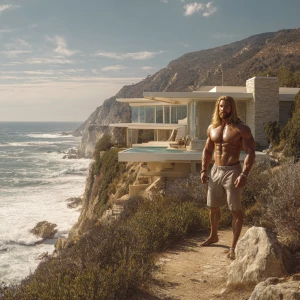 A hyper-realistic, eye-level exterior photograph of a mid-centur...