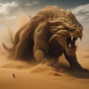A massive sandstorm twisting into the form of a mythical desert...