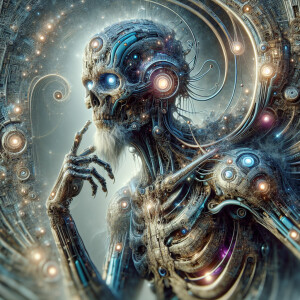 A digitally enhanced draugr, exuding a futuristic aura amidst an...