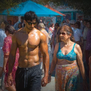 Realism photo painting,a muscular beefy criminal kashmiri son in...