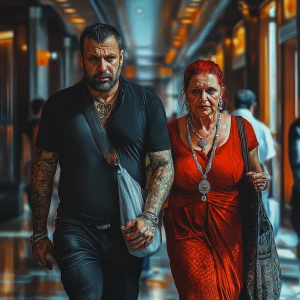 Photorealism,A sweaty beefy man walking with his 54 year old kas...