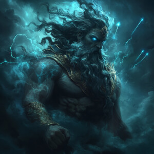 Create an image of Zeus, the Greek god of thunder, depicted as a...