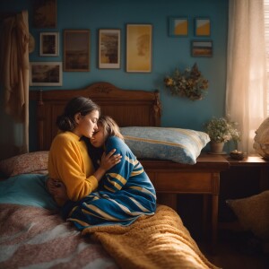 Create a cartoon image of a warm, inviting bedroom scene where a...