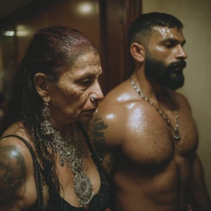 realism,.A sweaty beefy man walking with his 54 year old kashmir...